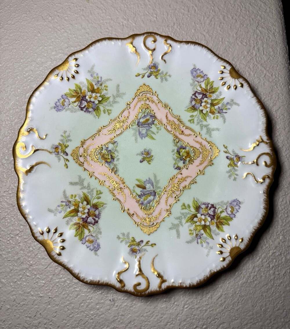 Antique Limoges France LDBC Floral Porcelain Plate Raised Gold Gilt 9”